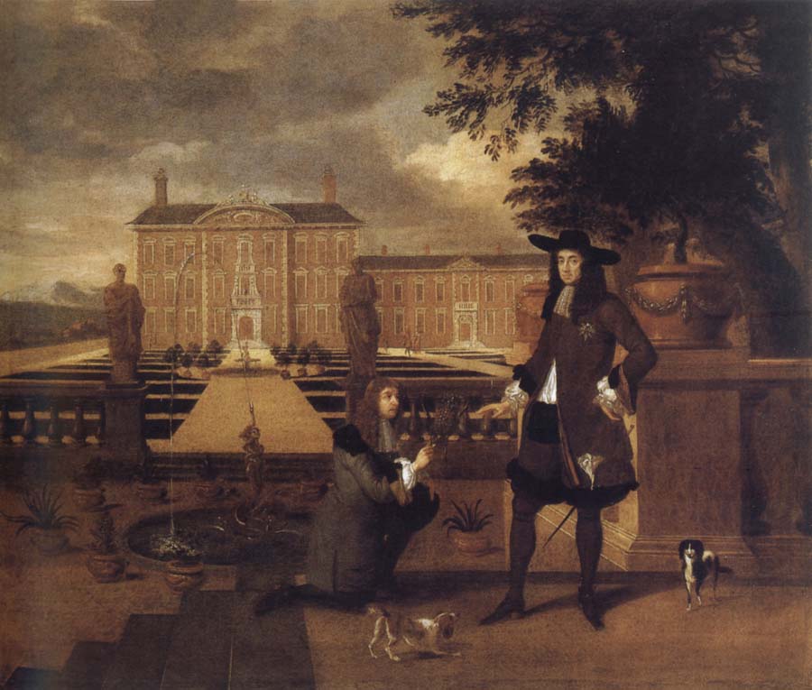 John Rose,the royal gardener,presenting a pineapple to Charles ii before a fictitious garden